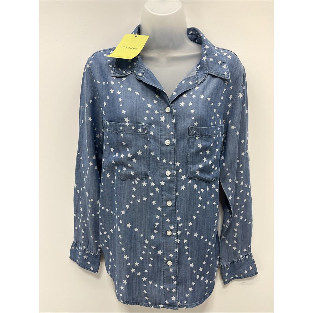 Eco Malibu Women’s Blue Star Print Long Sleeve Button Up Top Size Small